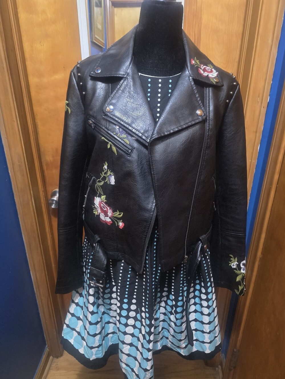 Black Embroidered Faux Leather Moto Jacket